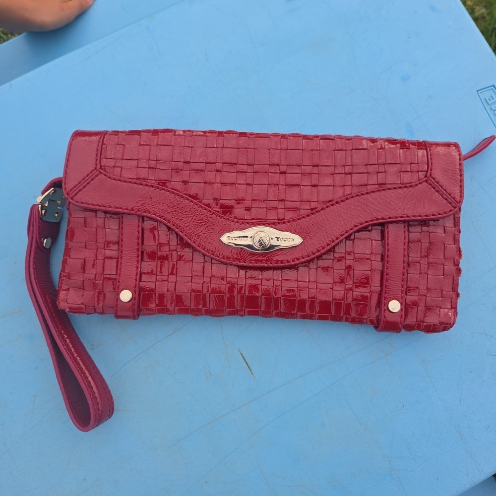 Elliott Lucca Woven Leather Envelope Bag Wristlet Red Gold Tone Embellished